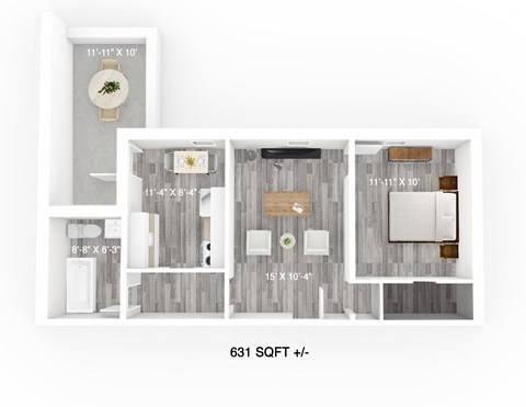 Floor plan for 1 bed, 1 bath, 631 sqft